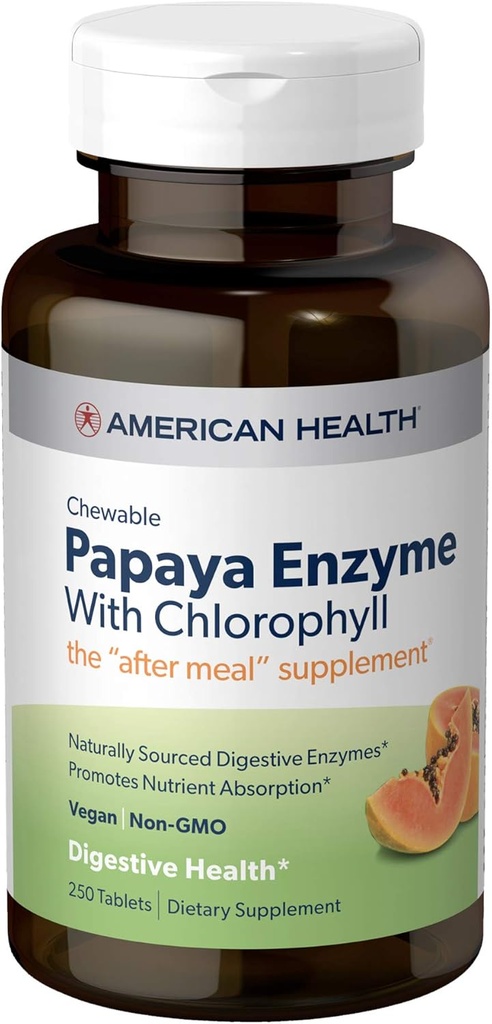 American Health Papaya Enzyme tyggetabletter - fremmer næringsstofabsorption, hjælper fordøjelse og frisk ånde med Chlorophyll & Pepermint Oil - Glutenfri, Vegetar - 250 Greve