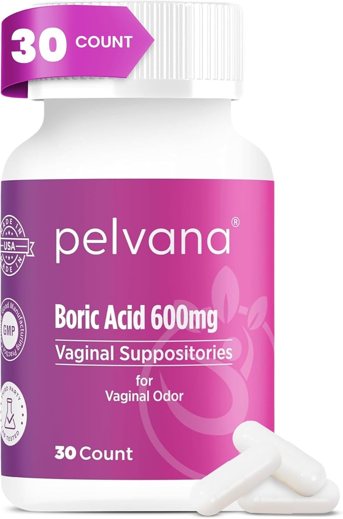 Pelvana Boric Acid Supposites for Women 30 Count - for Vaginal Odor & Freshness, Feminin Hygiene & Wellness - Third- Party Lab Verified & Flasket i USA - Feminin Health Odor Solution