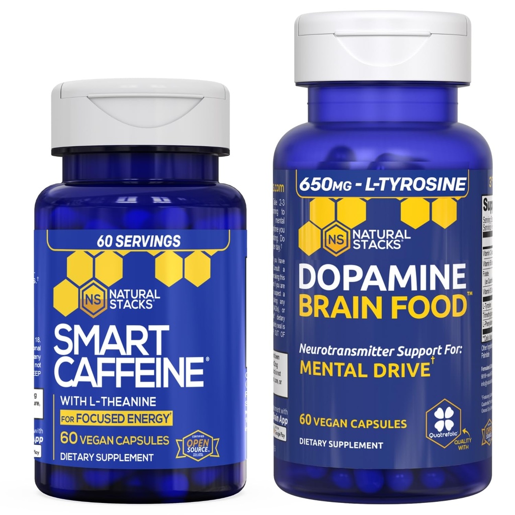 NATURLIGE STAKKER Smart koffein + Dopamin Brain Food Bundle - understøtter energi, Focus & Mental Drive * - 120 Total Kapsler