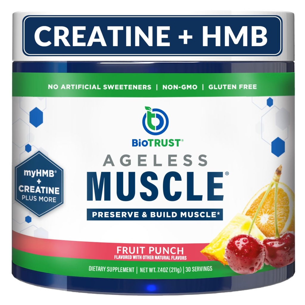 BioTrust Agueless Muscle Builder - Creatin HMB pulver med vitamin D3 & betaine - Build & Preserve naturligt faldende muskelmasse & styrke - Frugt Punch, 30 Servering