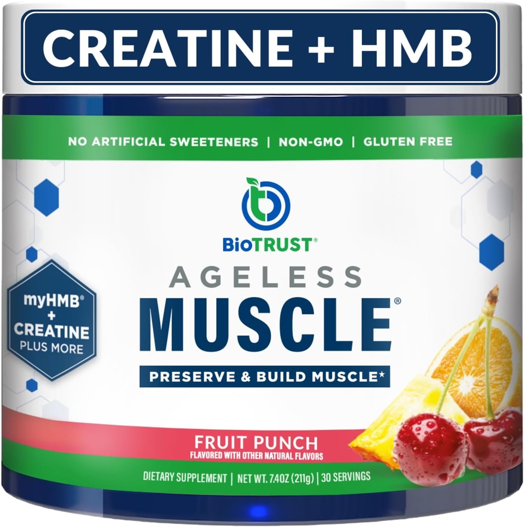 BioTrust Agueless Muscle Builder - Creatin HMB pulver med vitamin D3 & betaine - Build & Preserve naturligt faldende muskelmasse & styrke - Frugt Punch, 30 Servering
