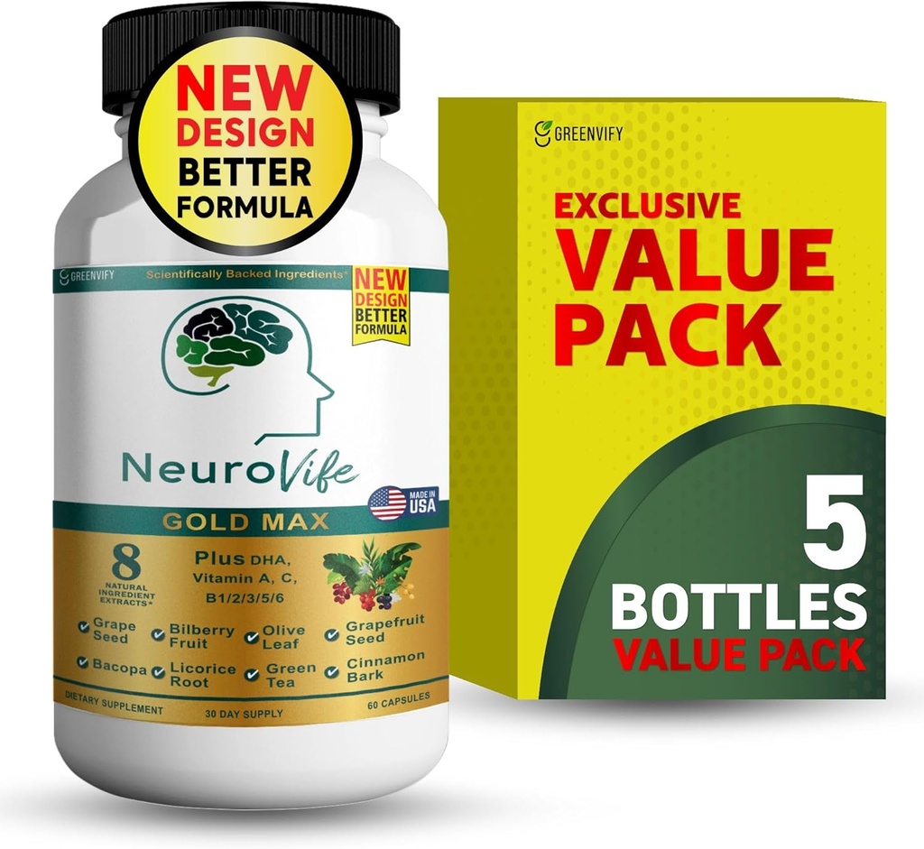 NeuroVife Gold Max Brain Support Supplement: 124; 8 Naturlige Ekstrakter med DHA, Vitamin A, C, B Complex