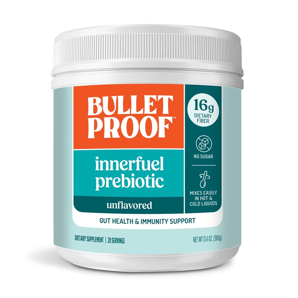 Bulletproof Unflavored Innerfuel Prebiotic Fiber Powder, 13.4 Ounces, Supplement for Gut Health, fordøjelsessygdomme og immunforsvar, Plant Sourced Prebiotics, 0g Sugar, Packaging May Vary