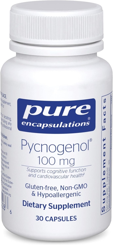 Pure indkapslinger Pycnogenol 100 mg 10 mg 12 4; Hypoallergent supplement til fremme af vaskulær sundhed og give antioxidant support 12 4; 30 kapsler