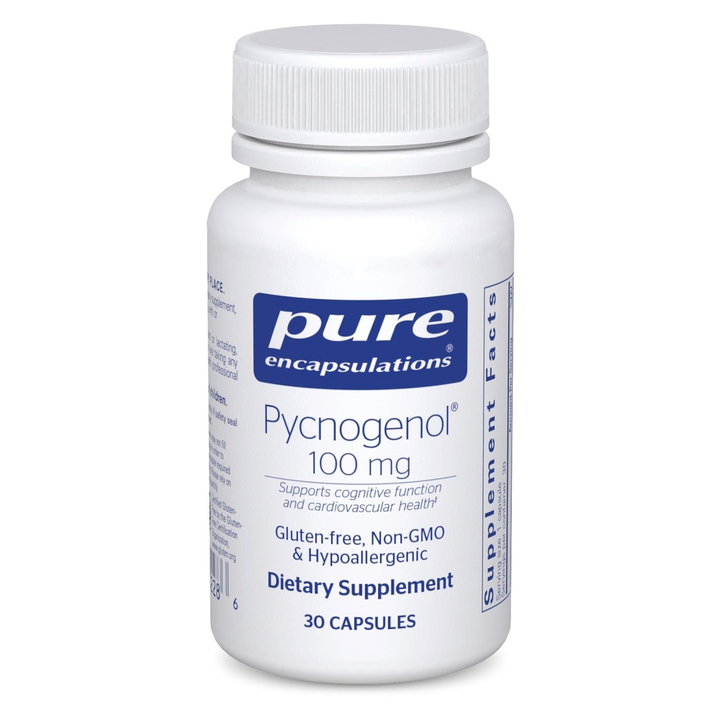 Pure indkapslinger Pycnogenol 100 mg 10 mg 12 4; Hypoallergent supplement til fremme af vaskulær sundhed og give antioxidant support 12 4; 30 kapsler
