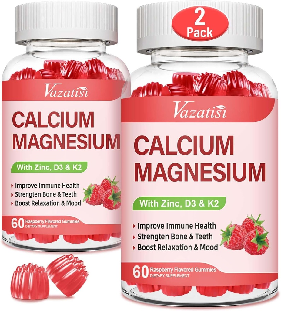 Calcium Magnesium Zinc Gummies with Vitamin D3 & K2, High Absorption Magnesium Glycinate Potassium for Immune and Calm Mood, Raspberry Flavor 120 Gummies