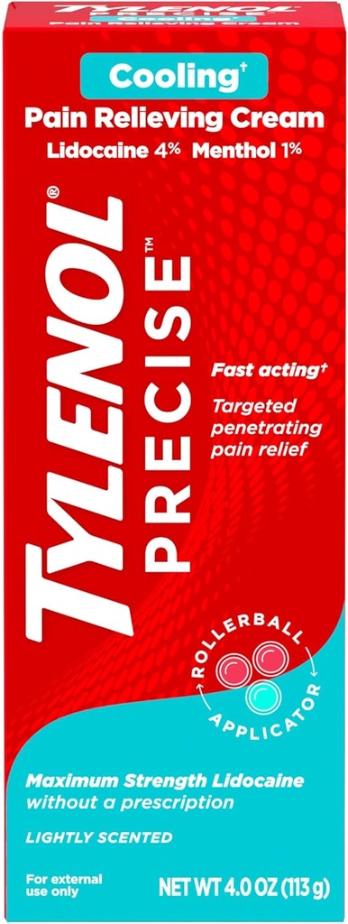 Tylenol Precise Cooling Numbing Cream, Maximum Strength 4% Lidocaine & 1% Menthol Topical Analgesic, Pain Relief Cream for Back, Muscle & Joint, Rollerball Applicator, Fast-Acting, Light Scent, 4 oz