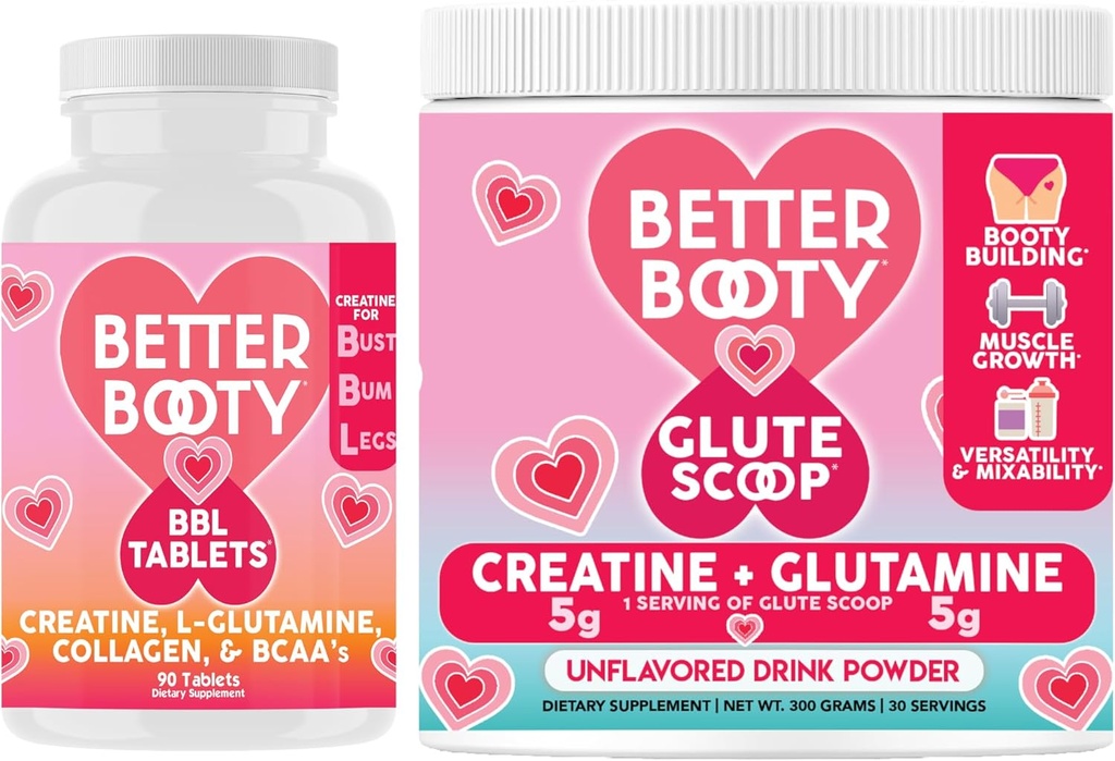 Vred kosttilskud Bedre Booty kvinders Creatin Combo: BBL tabletter (90ct) w. Creatin, Glutamin, BCAA 's, Collagen + Glute Scoop Creatin & Glutamin Unflavored Drink Mix