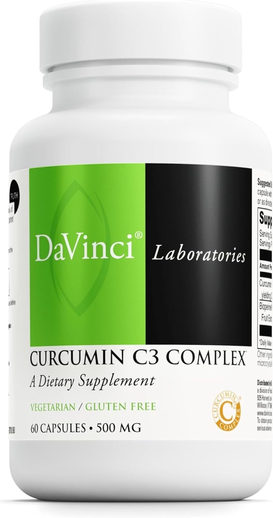 DAVINCI Labs Curcumin C3 Complex - Kosttilskud til støtte Gallblære funktion og sund lever - med Curcuminoids og Bioperine Fruit Extract - Gluten- Free - 60 Vegetariske kapsler