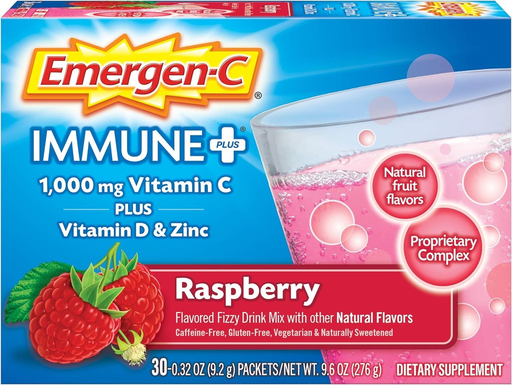 Emergen- C immun + 1000mg C-vitamin pulver, med D-vitamin, zink, antioxidanter og elektrolytter til immunitet, immuntilskud Kosttilskud, Raspberry Flavor - 30 Grev / 1 Måned Supply