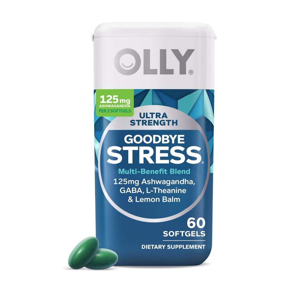 OLLY Ultra Styrke Farvel Stress Softgels, GABA, Ashwagandha, L- Theanine og Lemon Balm, Stress Relief supplement - 60 Greve
