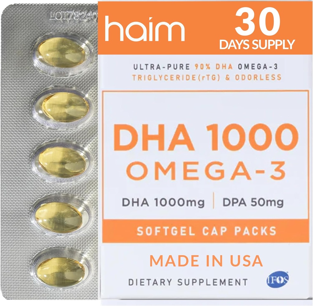 HAIM DHA 1000 Omega-3 Fish Oil - 90% Purity with 1000mg DHA, 50mg DPA - High Potency Fish Oil Supplement for Brain, Eye & Heart Support - Promotes Overall Wellness & Focus - 1 Box, 60 Softgels