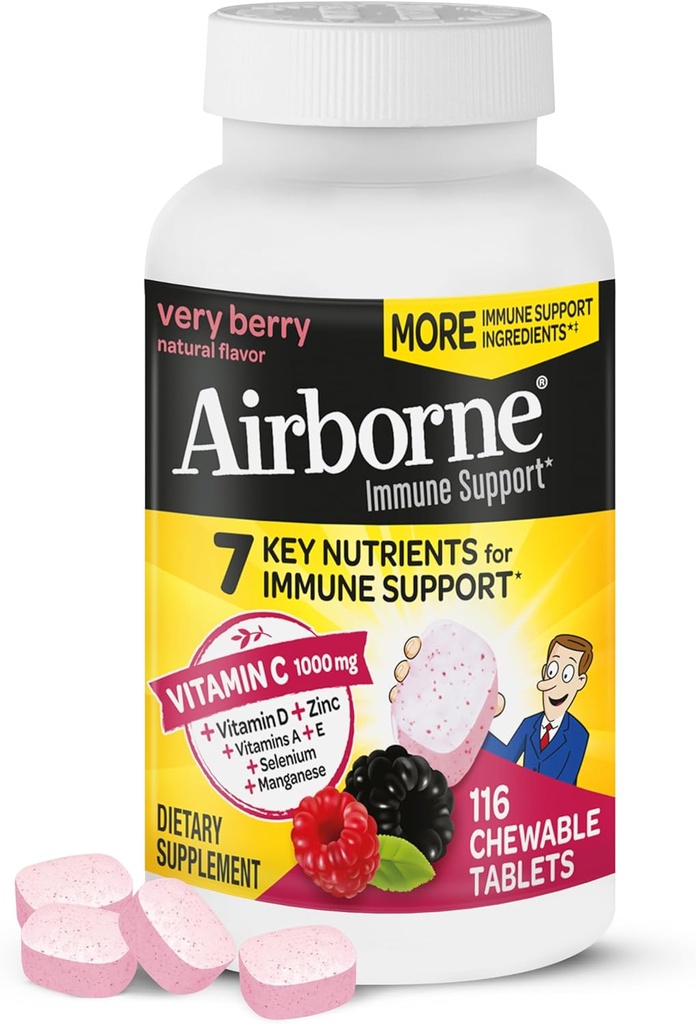 Airborne C 1000mg (per servering) - Meget berry tyggetabletter (116 Tæl i en flaske), Gluten- fri immunsupporttilskud, med vitaminer A C E, zink, selenium, ingefær, antioxidanter