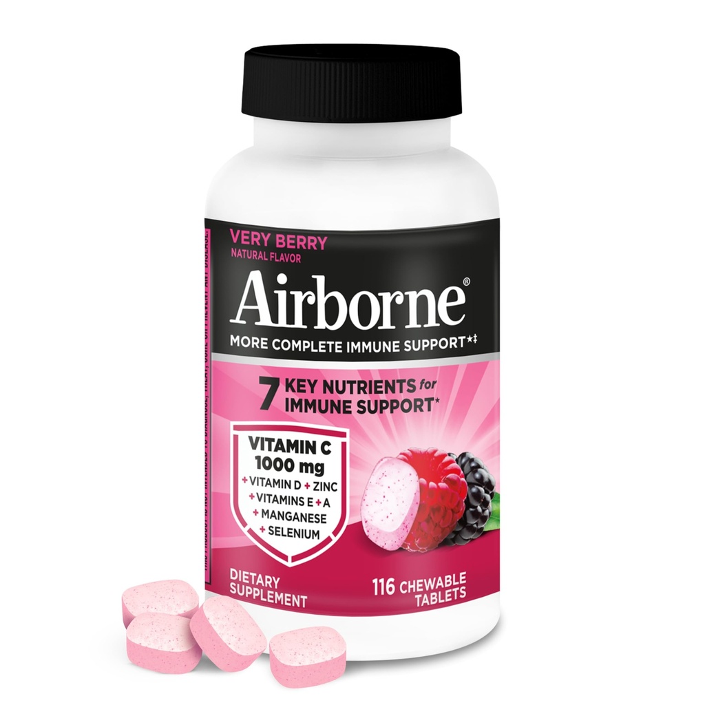 Airborne C 1000mg (per servering) - Meget berry tyggetabletter (116 Tæl i en flaske), Gluten- fri immunsupporttilskud, med vitaminer A C E, zink, selenium, ingefær, antioxidanter