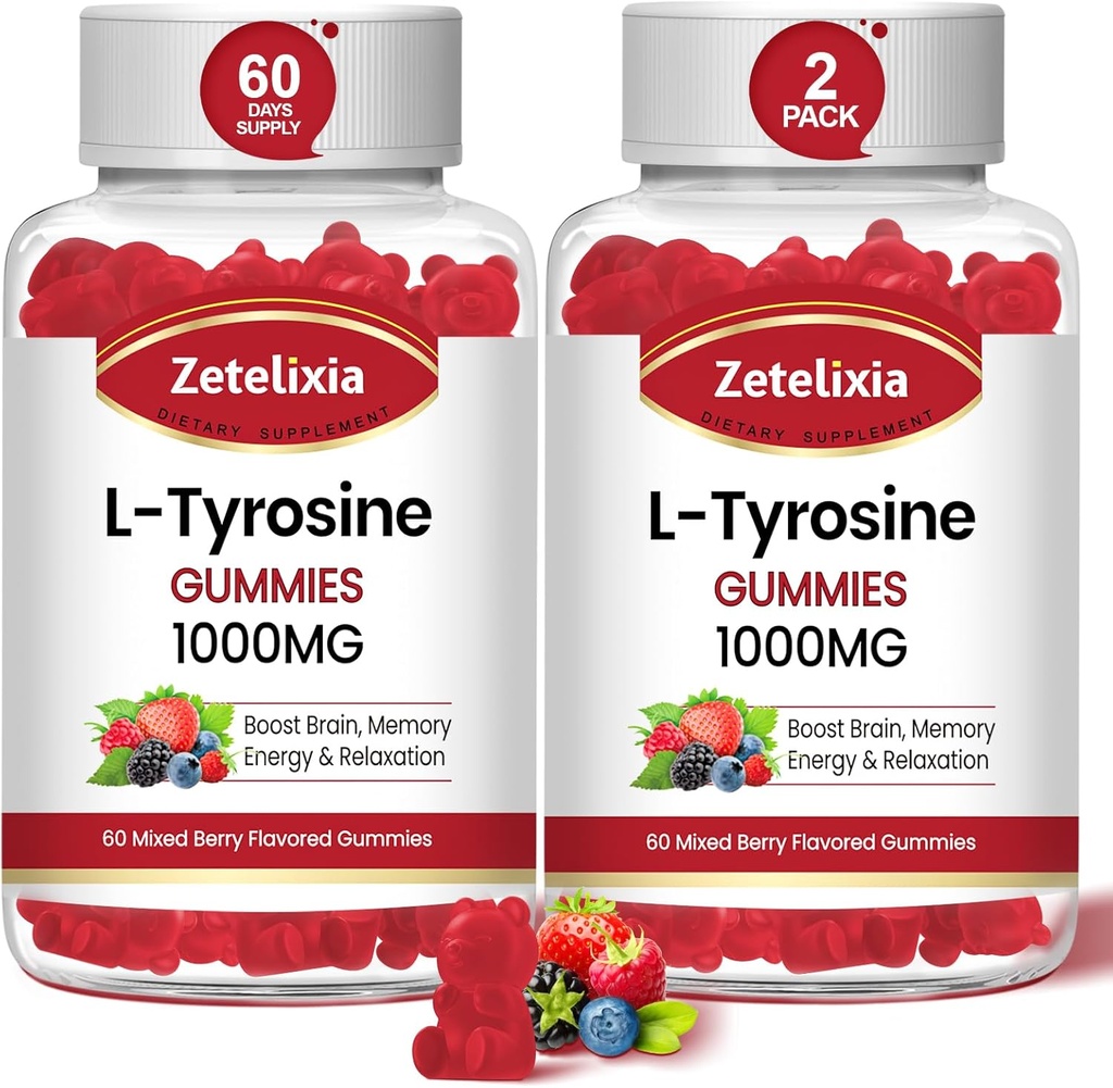 L Tyrosine Gummies 1000mg, L- Theanine Supplement Gummy 200mg, Sugar Free L- Tyrosine med vitamin B6 energitilskud til voksne & børn - Support Mood Focus Gummies, Brain Memory, 120 Greve