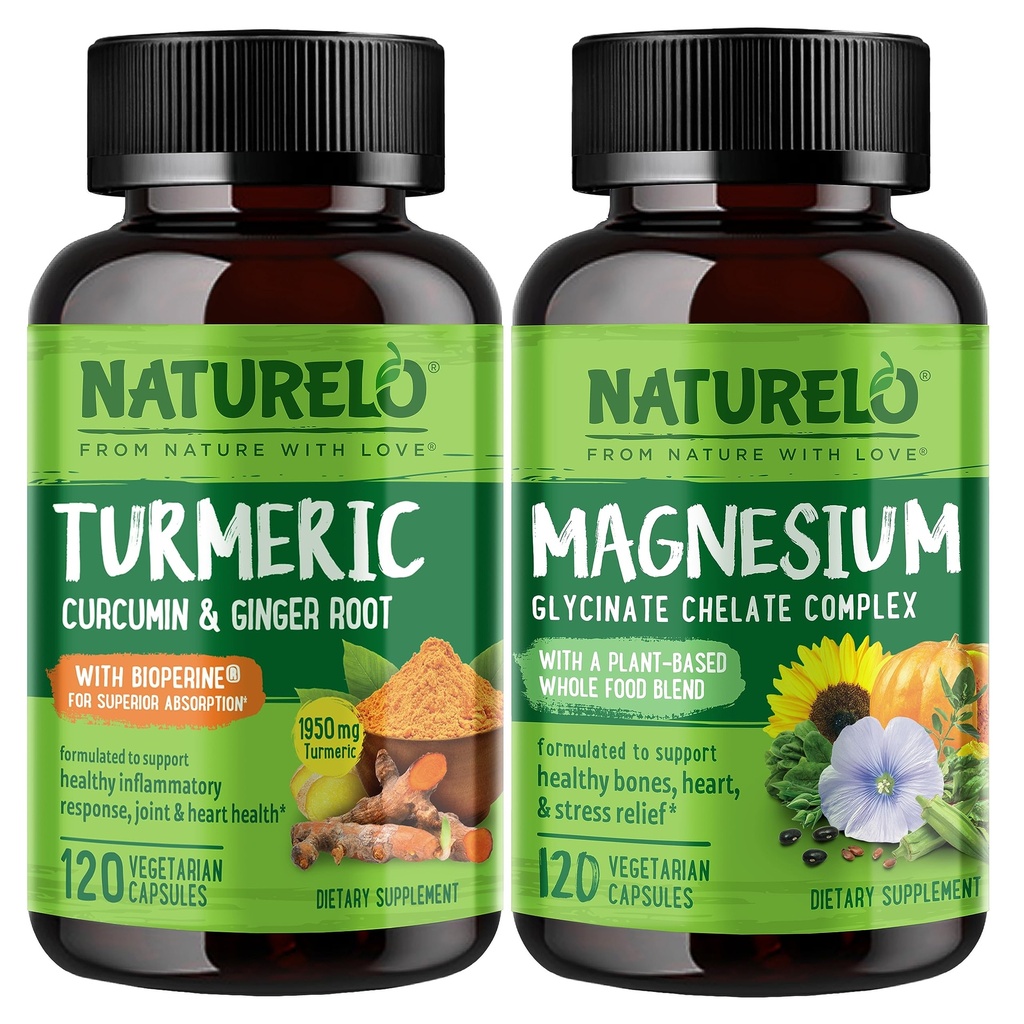 NATURELO Tumerisk Curcumin, Plant Based Joint Support, Magnesium Glycinat, 200 mg Magnesium - Gluten Free, Non GMO - 120 Kapsler