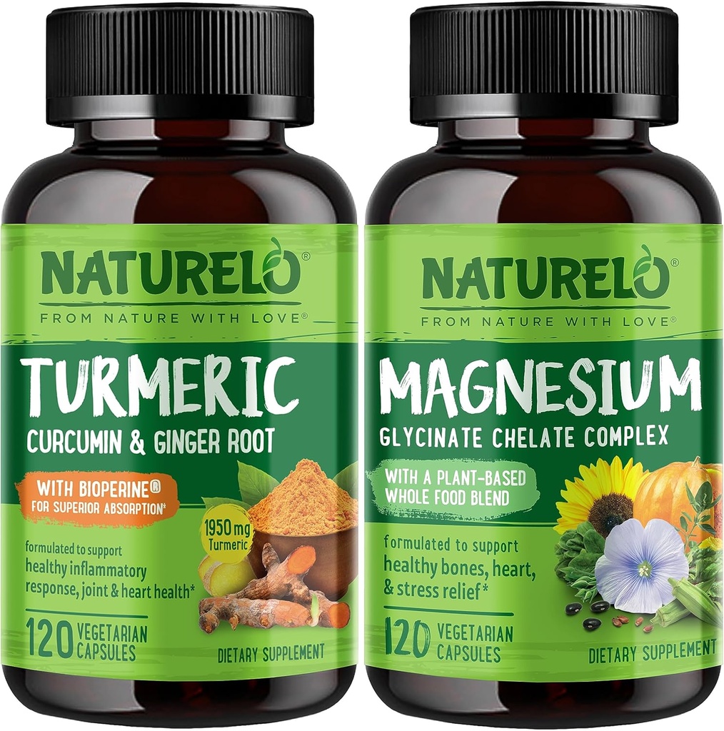 NATURELO Tumerisk Curcumin, Plant Based Joint Support, Magnesium Glycinat, 200 mg Magnesium - Gluten Free, Non GMO - 120 Kapsler