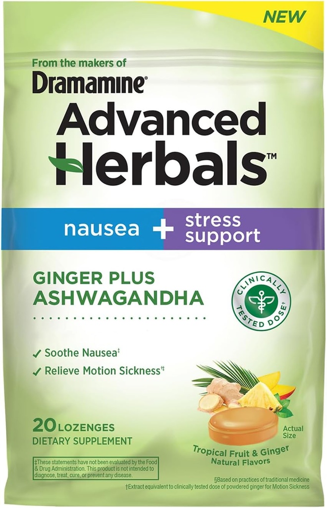 Fra Makers of Dramamin, Advanced Herbals Ginger & Ashwagandha Lozenges, for Kvalme Relief & Stress Support, Tropical Fruit and Ginger Flavor, 20 Greve
