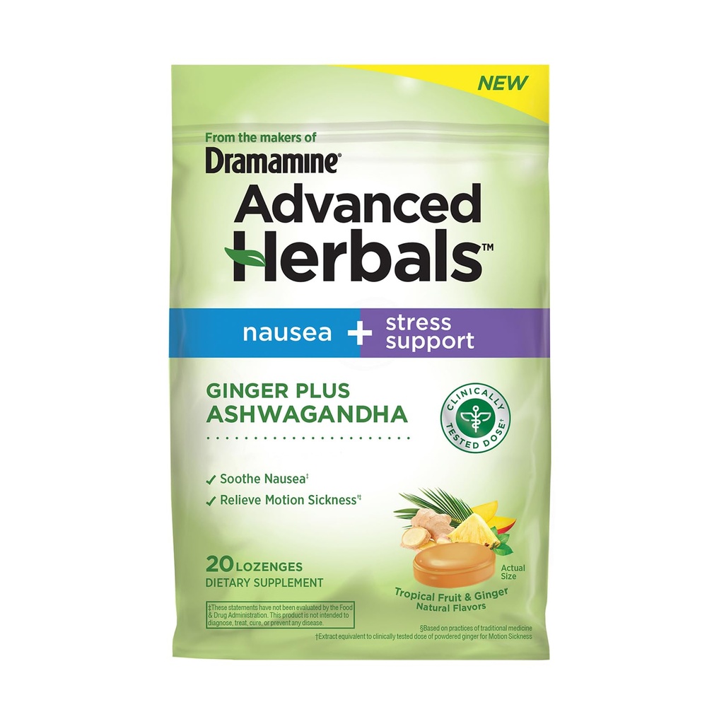 Fra Makers of Dramamin, Advanced Herbals Ginger & Ashwagandha Lozenges, for Kvalme Relief & Stress Support, Tropical Fruit and Ginger Flavor, 20 Greve