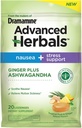 Fra Makers of Dramamin, Advanced Herbals Ginger & Ashwagandha Lozenges, for Kvalme Relief & Stress Support, Tropical Fruit and Ginger Flavor, 20 Greve