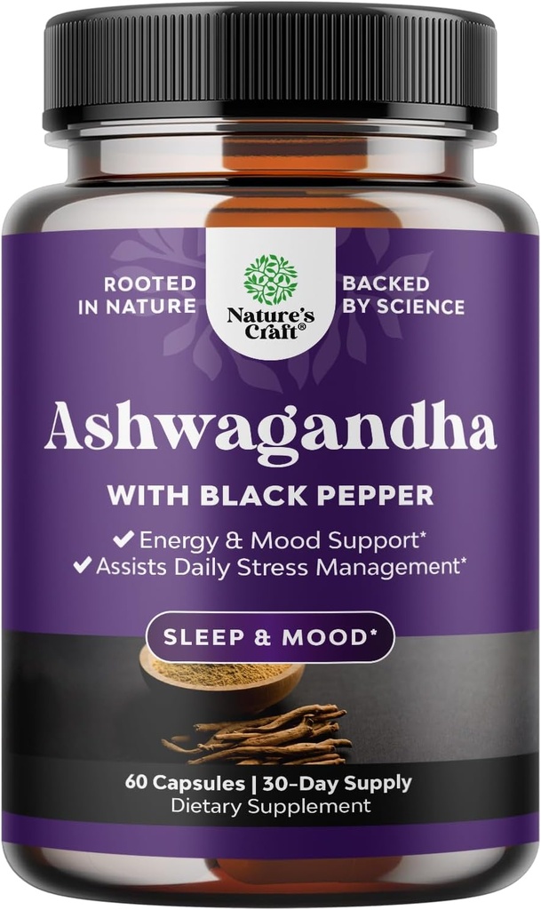 Organic Ashwagandha Root Powder 60 Kapsler - Ashwagandha med sort peber ekstrakt pulver kosttilskud til afslapning, søvn & immunstøtte til kvinder & mænd - Organic Whitania Somnifera Root Kosttilskud