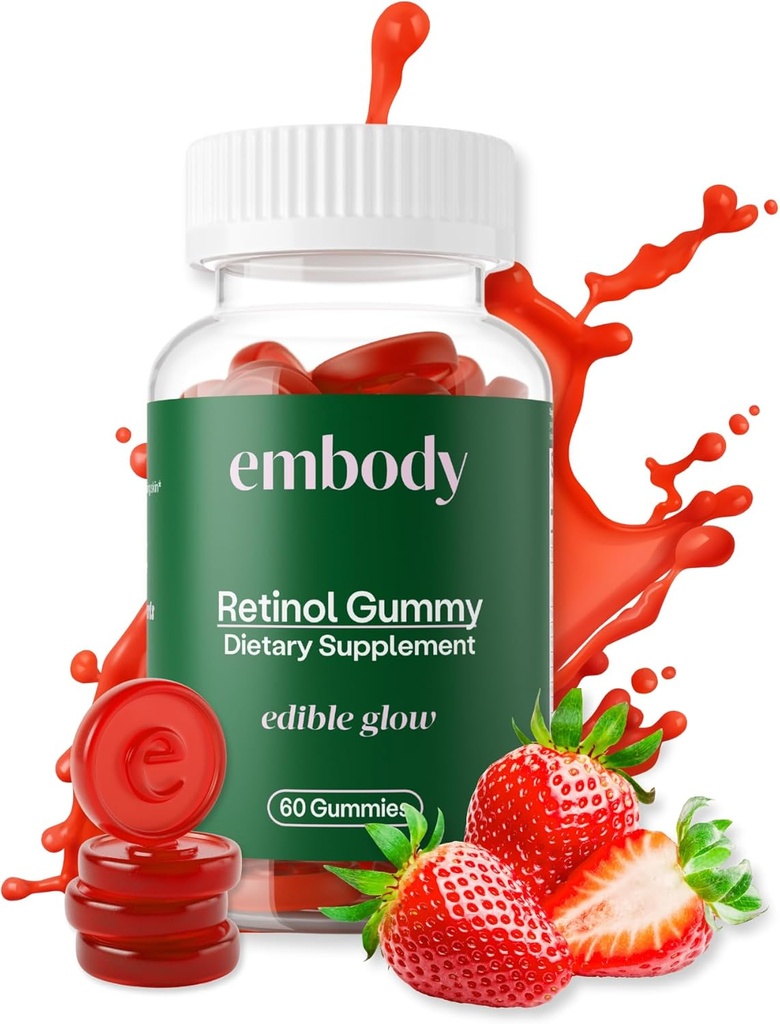 Embody: 60 Skin Gummies Multivitamin Retinol Gummy 124; Vitamin A supplement til Anti- Aging, glødende, Youthly & Clear Skin Budd124; Stærk hår & negle med Biotin, C-vitamin, B12 & Zink