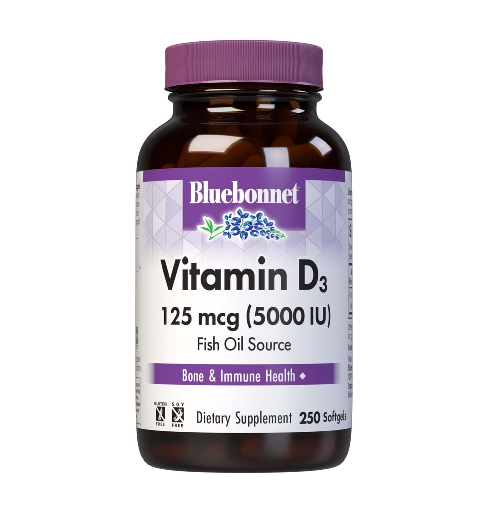 Bluebonnet Nutrition Vitamin D3 5000 IE Softgels, Aids in Muscle and Skeletal Growth, Cholecalciferol from Fish Oil, Non GMO, Gluten Free, Soy Free, Dairy Free, Yellow, 250 Softggel
