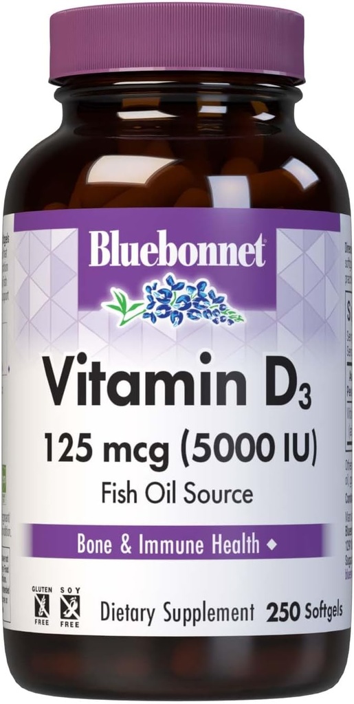 Bluebonnet Nutrition Vitamin D3 5000 IE Softgels, Aids in Muscle and Skeletal Growth, Cholecalciferol from Fish Oil, Non GMO, Gluten Free, Soy Free, Dairy Free, Yellow, 250 Softggel