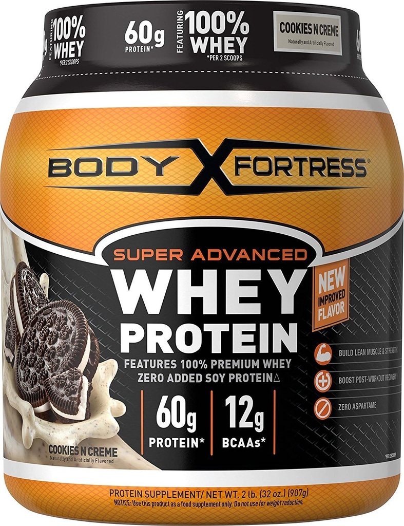 Body Fortress Whey Protein Powder, Cookies N 'Creme, Aspartam Free, 60 G Protein Per Serving, 2 Lbs