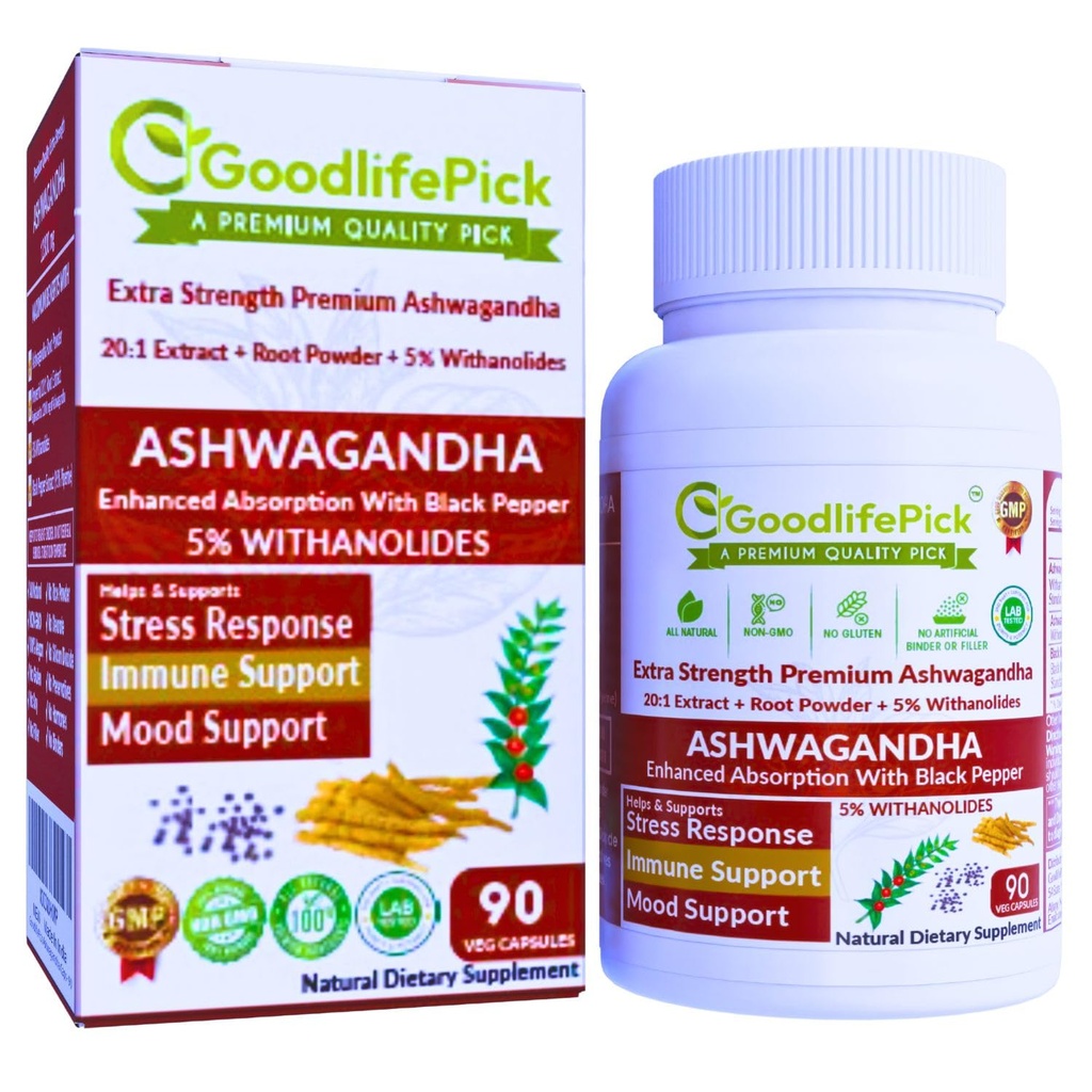 Premium Ashwagandha kapsler med sort peber. Kraftfulde 5% Wthanolides fra Ashwagandha pulver & 20: 1 Extract 90 ct. Natural NonGMO NO Rice Powder NO Filler