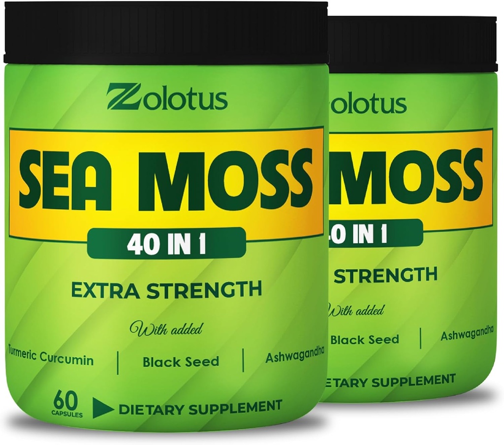 Zolotus (2 pakker 60 kapsler Sea Moss Supplement 40 i 1, med gurkemeje Curcumin, Ashwagandha Root, Bladerwrack for immunsystemet, Body Balance & Heart Health