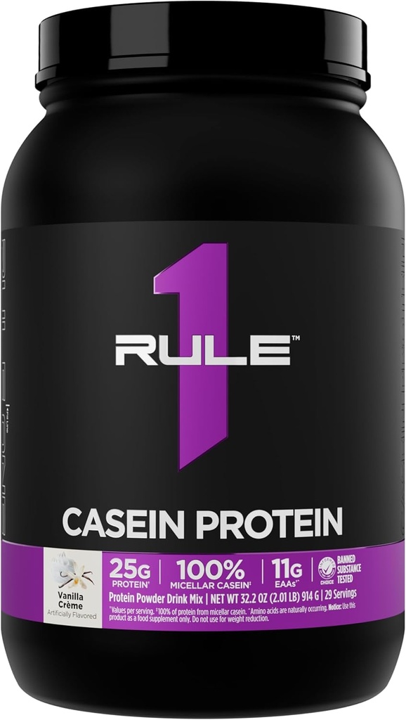 Rule 1 Casein Protein - 25g Protein and 11g EAAs Per Serving from Slow-Release Micellar Casein for Overnight Recovery and Sustained Delivery Between Meals (2 Pounds*, Vanilla Crème)