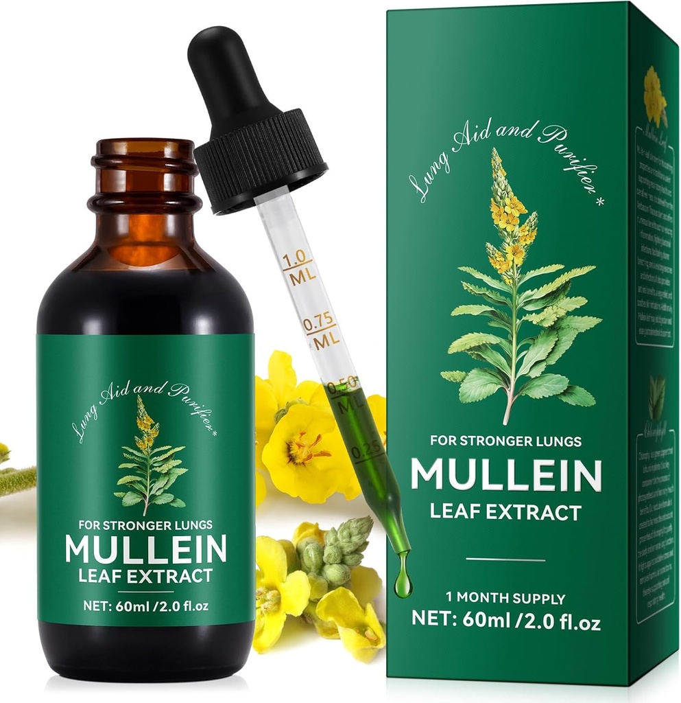Mullein Drops til Lungs, Mullein Leaf Extract til Lung Cleanse, Respiratory Sund Breathing Support til Rygere, 124; Natural & Vegan & Alkohol Free