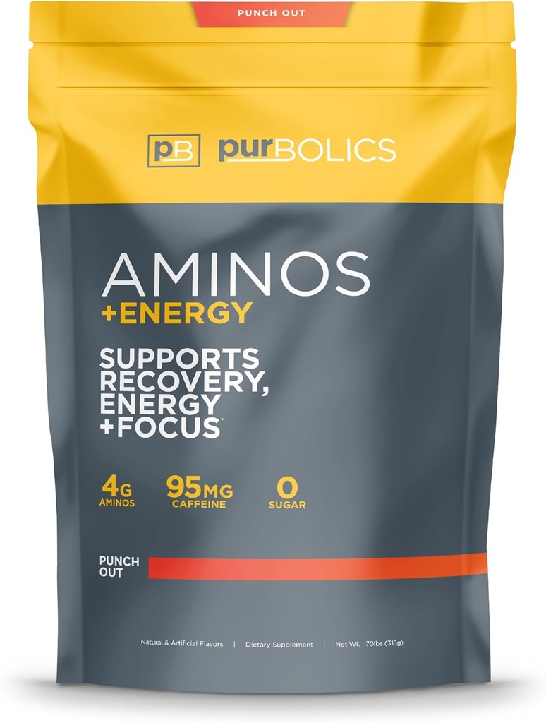 Purbolics Aminos + Energy | Supports Recovery, Energy & Focus | 95mg of Caffeine, 0 Sugar & 60 Servings (Punch Out)
