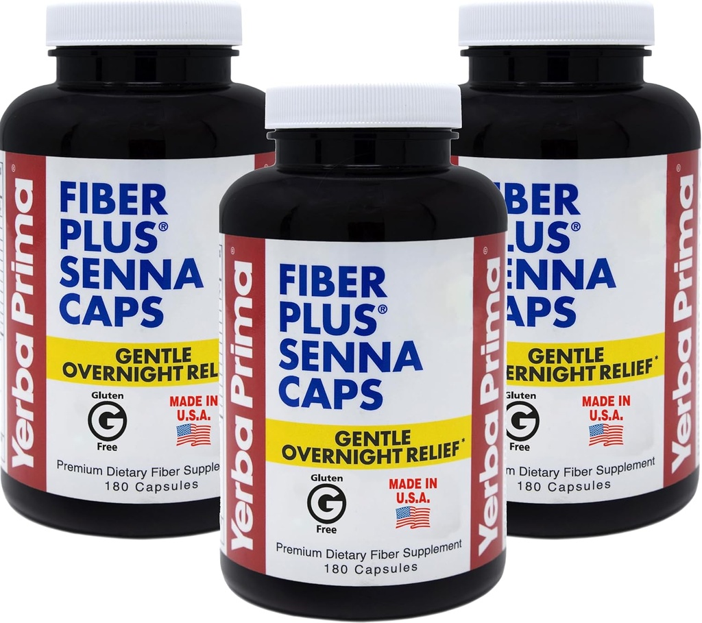 Yerba Prima Fiber Plus Senna kapsler, 180 Greve (3 Pack) - genert Overnight Relief, USA Made, Non- GMO, Gluten- Free