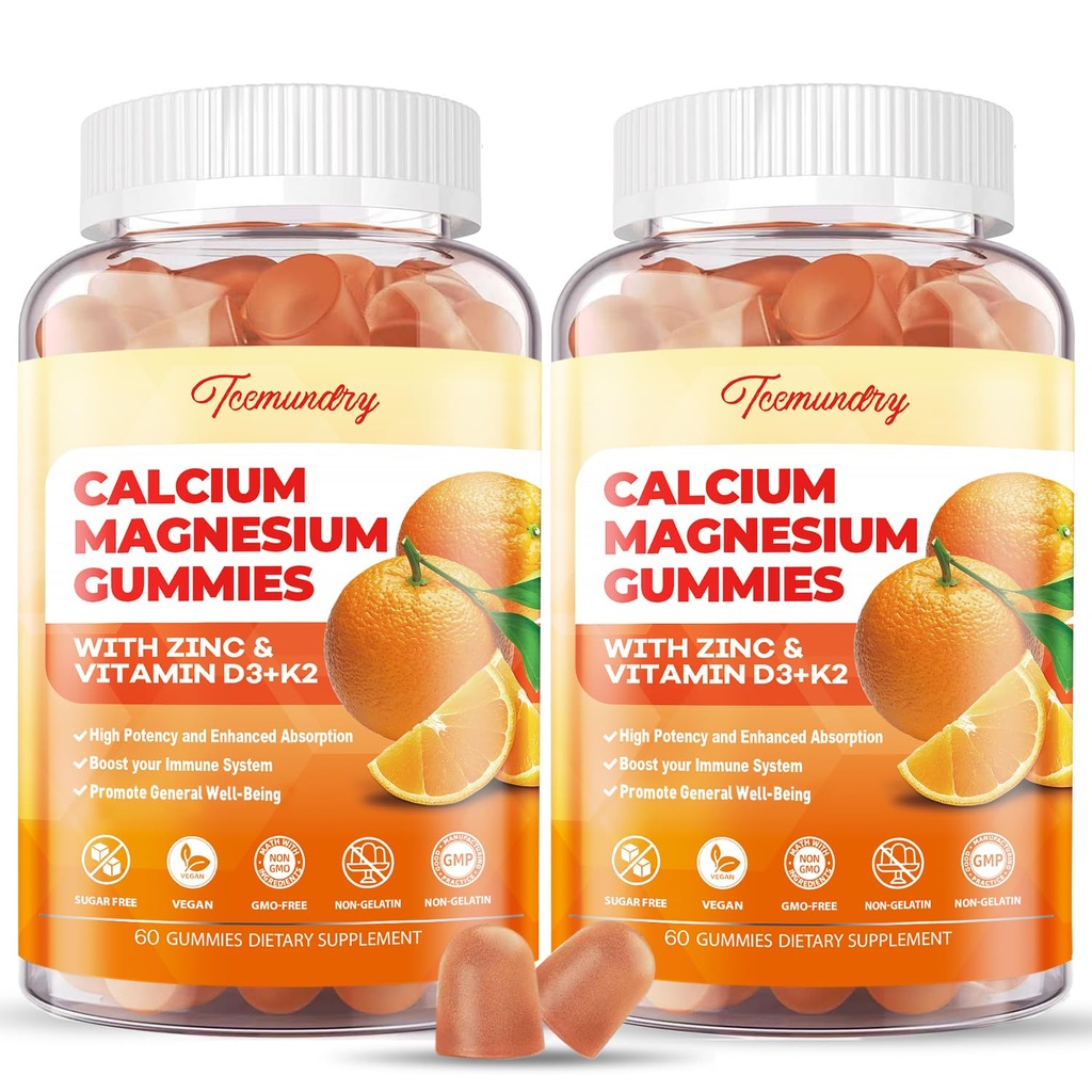 Calcium Magnesium Zinkgummier med vitamin D3 & K2 - Høj Absorption Magnesium Glycinat 400mg - Sukker Free Calciumsupplement - Support Nerve Muskel Mood & Immunitet - for voksne Mænd Kvinder Kids