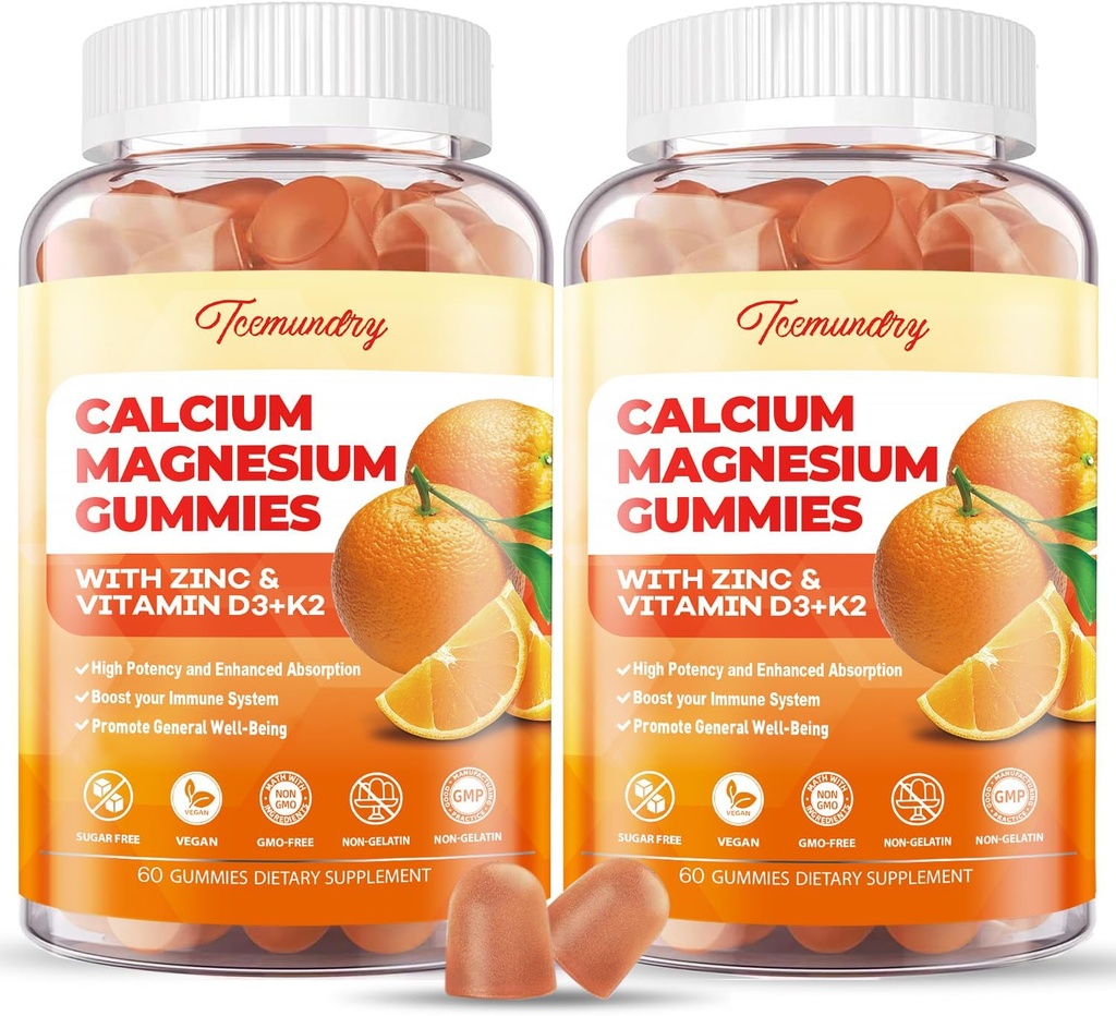 Calcium Magnesium Zinkgummier med vitamin D3 & K2 - Høj Absorption Magnesium Glycinat 400mg - Sukker Free Calciumsupplement - Support Nerve Muskel Mood & Immunitet - for voksne Mænd Kvinder Kids