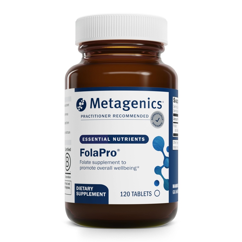Metagenics FolaPro - L-5- MTHF Folate 1,330 mcg DFE - Understøtter Methylering, Homocystein Metabolisme & Cellular Health - Non- GMO, Gluten- Free, Vegetar - 120 tabletter