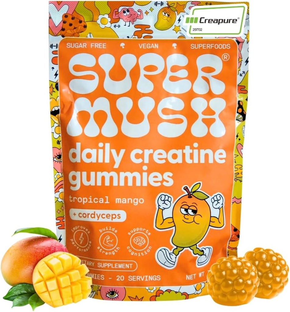 SuperMosh Daily Creatinine Gummies med Cordyceps - Daily Superfood - Sugar Free Creatinine Monohydrat supplement til styrke, fokus og inddrivelse - Vegansk Gummy Formel, Mango Flavor, 20-dages forsyning