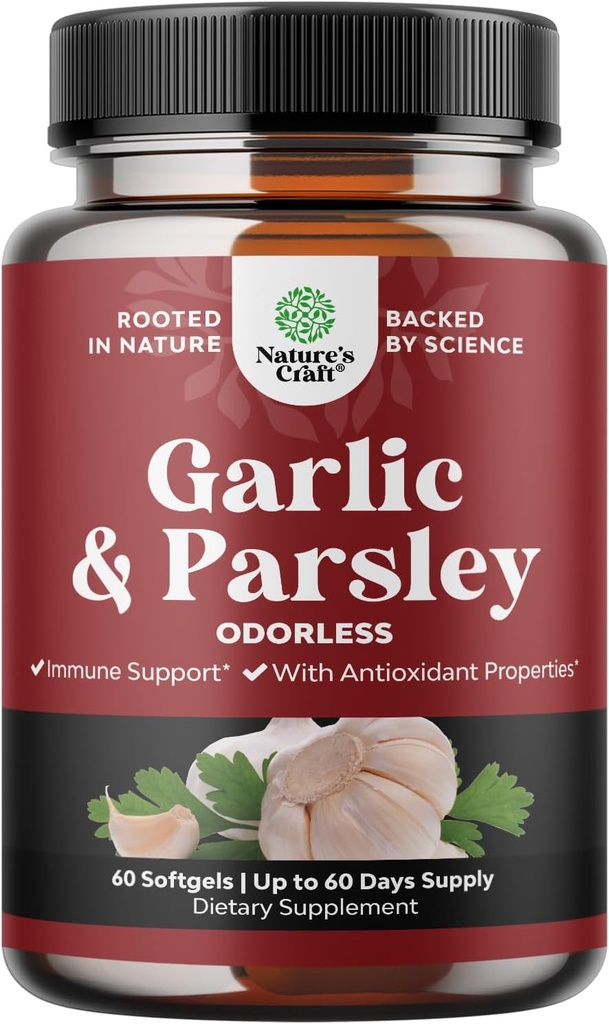 Concentrated Odorless Garlic Softgels - Parsley Extract & Aged Garlic Supplements - Parsley Softgels for Gut Support - 60 Ct