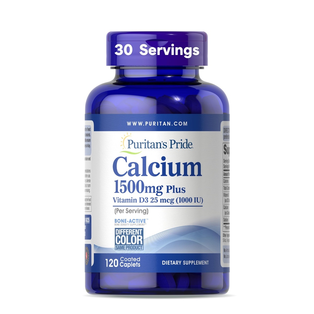 Puritans Pride Absorbable Calcium 1500 mg Plus D3 25mcg 1000 IE, Kosttilskud til knogler, hjerte, nerve, muskel og immunforsvar, 120 overtrukne kapsler
