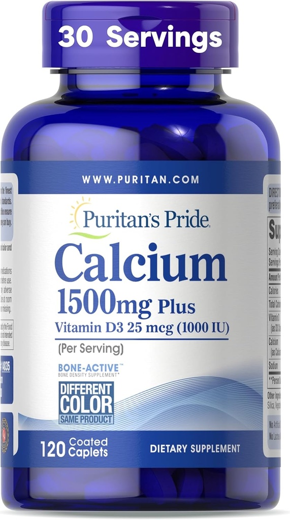 Puritans Pride Absorbable Calcium 1500 mg Plus D3 25mcg 1000 IE, Kosttilskud til knogler, hjerte, nerve, muskel og immunforsvar, 120 overtrukne kapsler