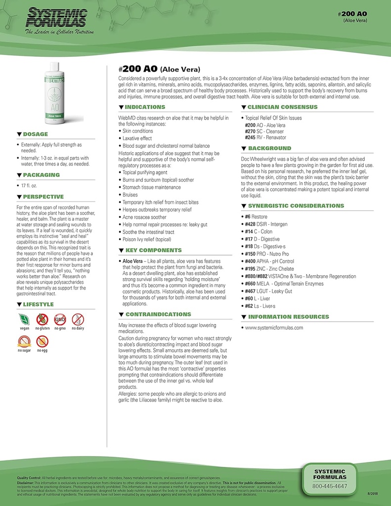 Systemiske formler Aloe Vera # 200- 16 oz Premium Grade for fordøjelsessygdomme og wellness - Pure Aloe Vera Extract