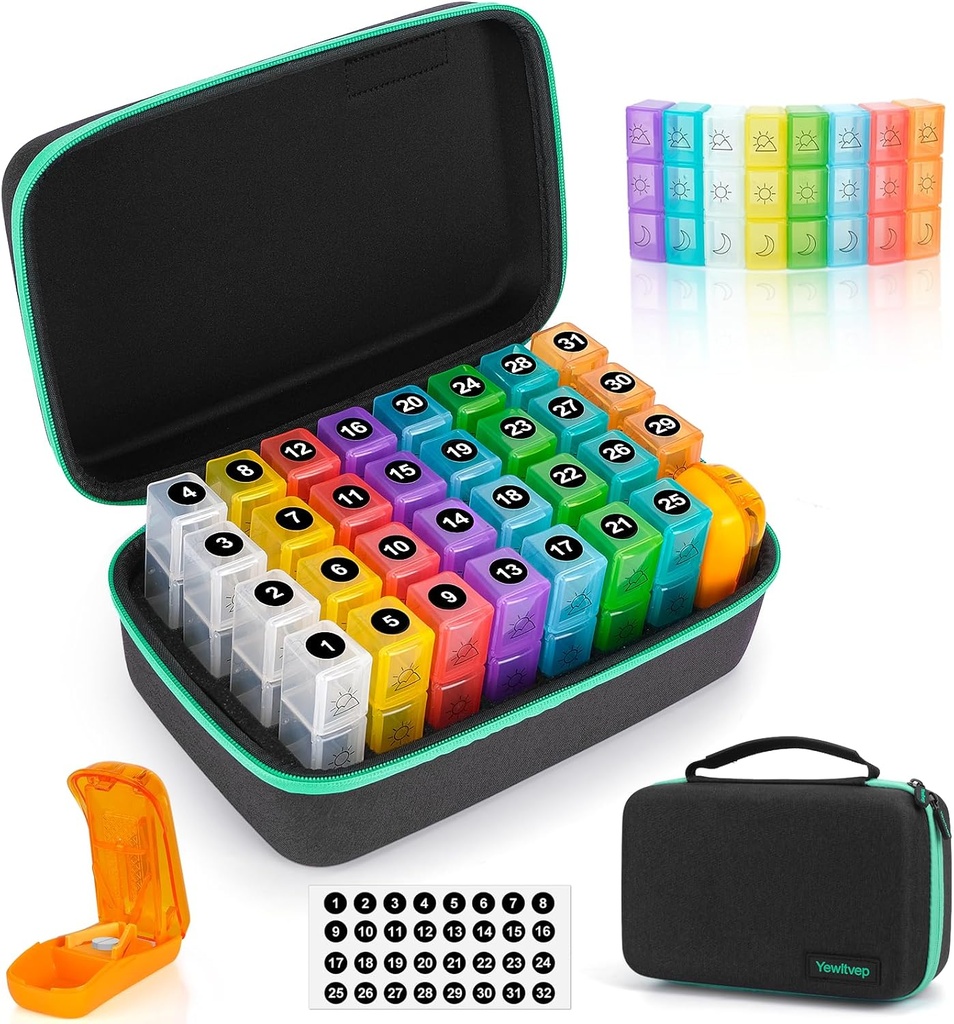Månedlig Pill Organizer 3X en dag med 7-dages rejse Medicine Organizing Bag, Medicin Pill Box med 32 daglige afdelinger, 31 dag Pill Holder 30 dag Pill sag for vitamin, tillæg og medicin