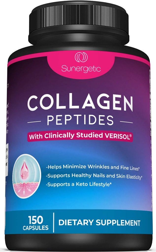 Sunergetic Premium kollagen peptider kapsler - 2500 mg VERISOL kollagen peptider type 1 & type 3 - Multi kollagen supplement til støtte fælles sundhed, hår, hud & negle - 150 kollagen kapsler