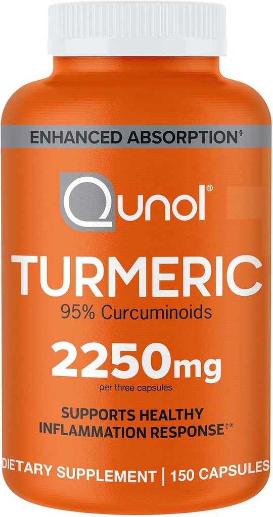 Qunol gurkemeje med sort peber, 2250mg gurkemeje ekstrakt med 95% curcuminoider, ekstra styrke gurkemeje supplement, forbedret absorption, fælles supporttillæg, 150 vegetariske kapsler