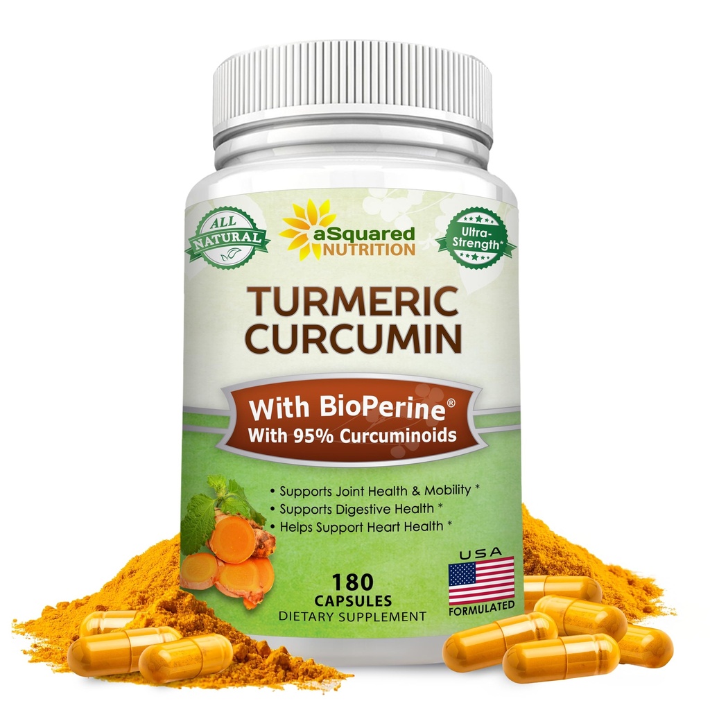 aSquared Nutrition Gurkemeje 1300mg med BioPerine Black Pepper Extract - 180 kapsler - med 95% Curcuminoider, 100% naturlige Tumerisk Root Powder Kosttilskud, Pure & Joint Stiffness Pills