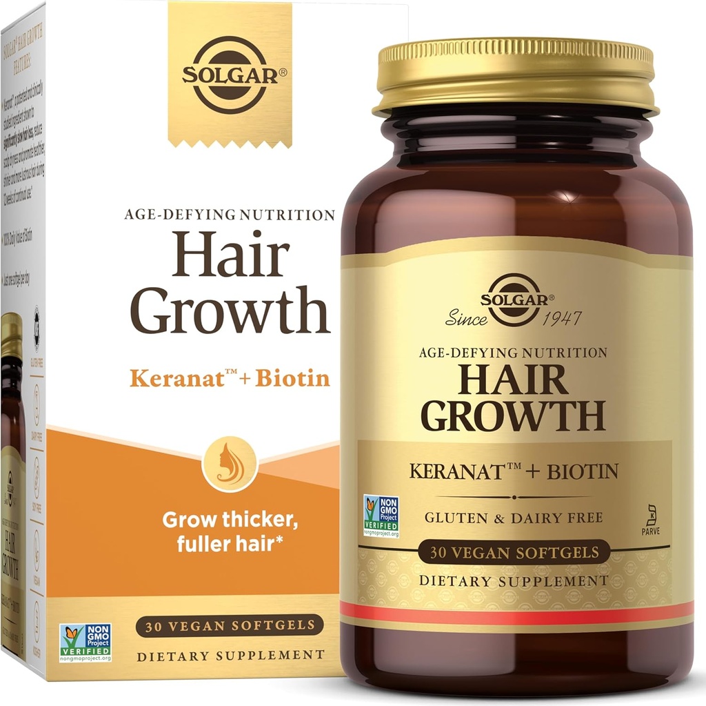 Solgar hårvækst supplement til Thicker Fuller hår med Keranat olie, biotin, zink og kobber, hår sundhed supplement, Age- Defying Nutrition for mænd og kvinder, 30 Servering