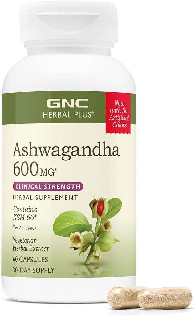 GNC Herbal Plus Ashwagandha 600 mg tillæg, Klinisk Styrke, Vegetarisk, Stress Relief Support, 30 Serveringer