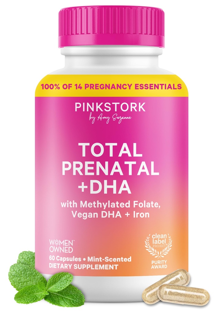 Pink Stork Total Prenatal Vitaminer med DHA, Folate, Jern, Cholin, og vitamin B12 - Predonation Nutrition - Prenatals for kvinder, Graviditet Essentials - Mint Essens, 60 kapsler, 1 måned Tilgang